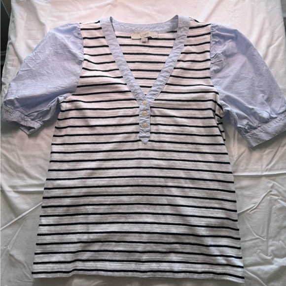 LOFT Striped V-Neck Blouse with Light Purple Sleeves - Picture 2 of 4